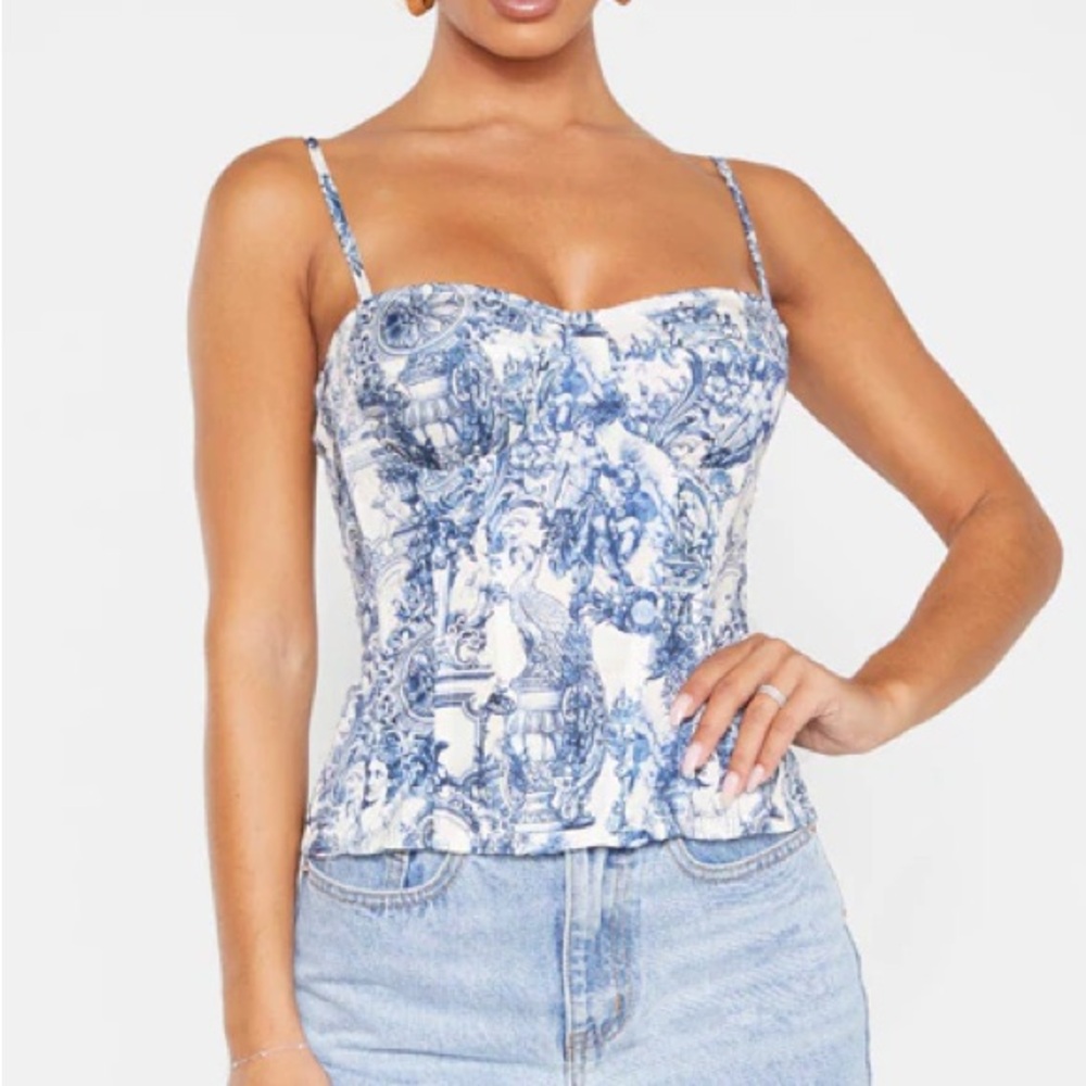 PrettyLittleThing Blue Renaissance Print Structured Corset Top